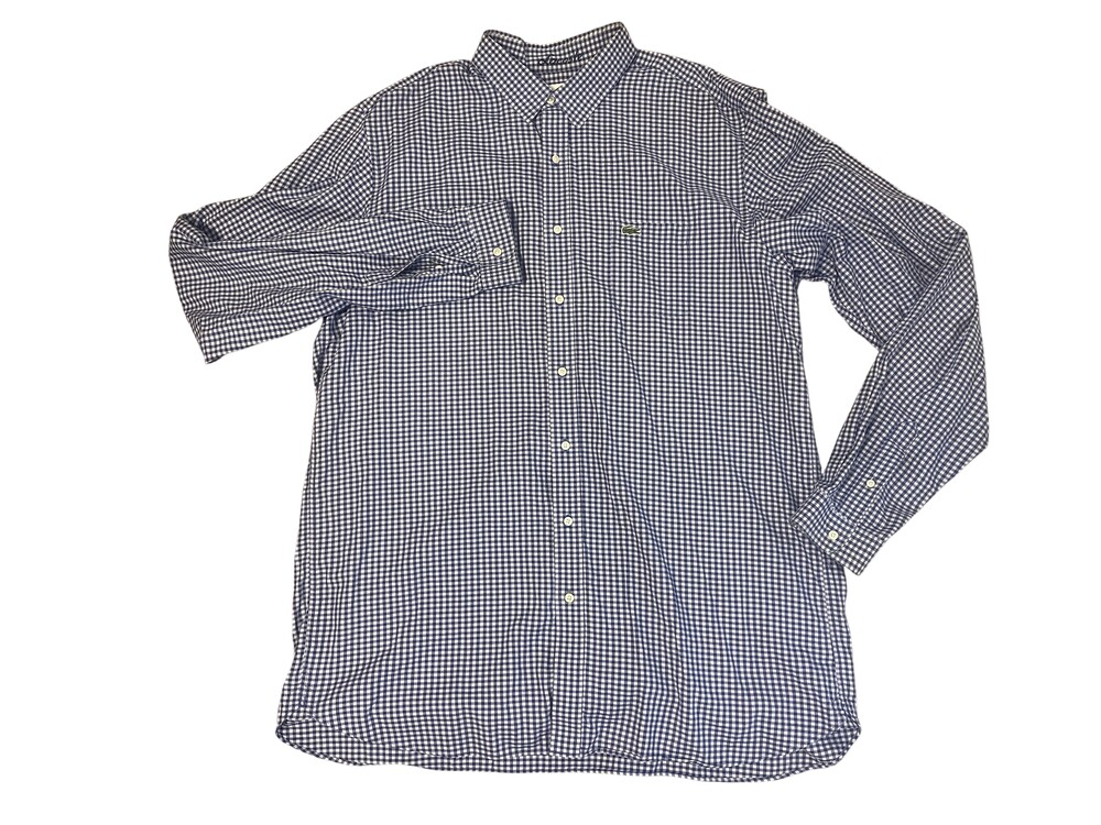 Lacoste Shirt Mens LT Large Tall Blue Check Long Sleeve Button Down Croc Logo